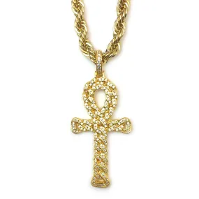 18k Gold Plated CZ Egyptian Ankh Pendant with 6mm Rope Chain 24 Inches