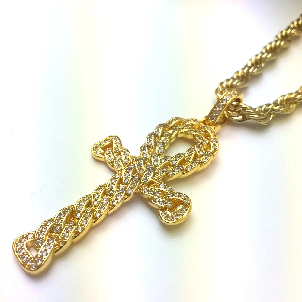 18k Gold Plated CZ Egyptian Ankh Pendant with 6mm Rope Chain 24 Inches