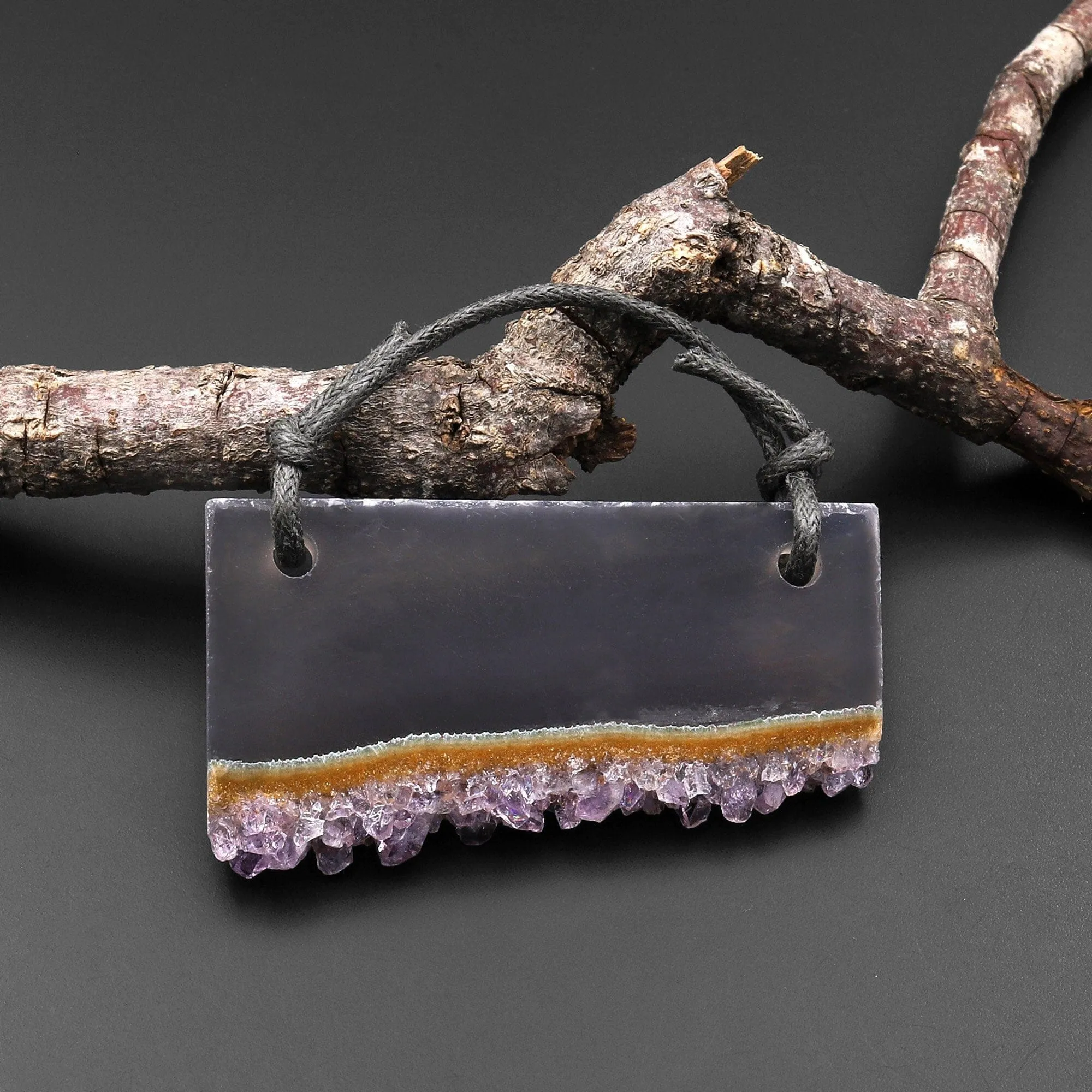 2 Hole Pendant Natural Bright Orange Lilac Purple Amethyst Stalactite Crystal Druzy Pendant Drilled Flat Slice Long Rectangle A1