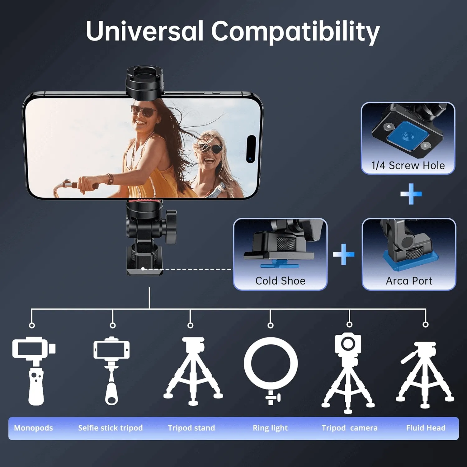 3 1/4 Inch Metal Phone Tripod Mount, Universal Smartphone Mount Adapter