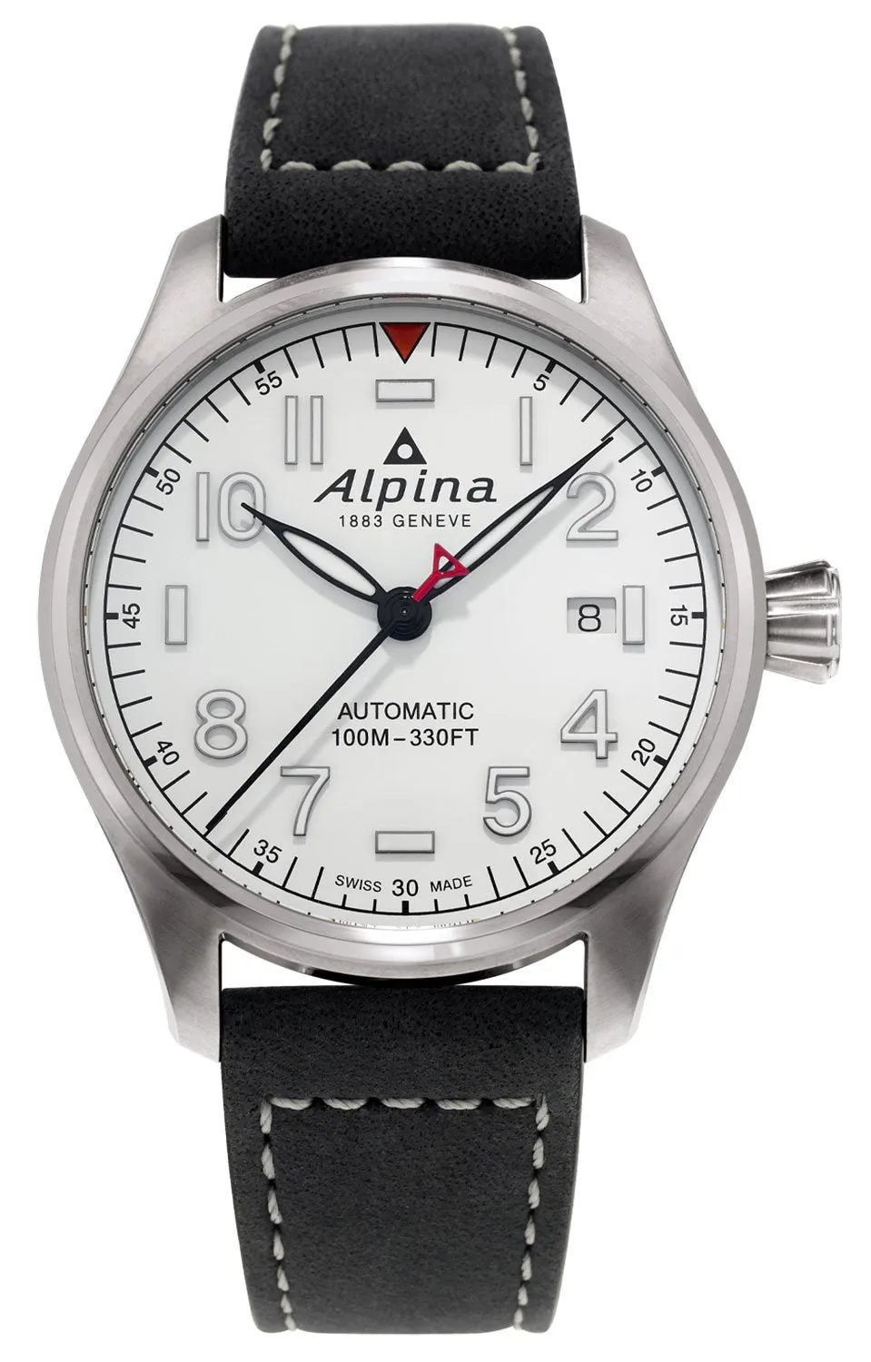 Alpina Startimer Pilot Automatic Stainless Steel Black Leather Strap White Dial Date Mens Watch AL-525S3S6