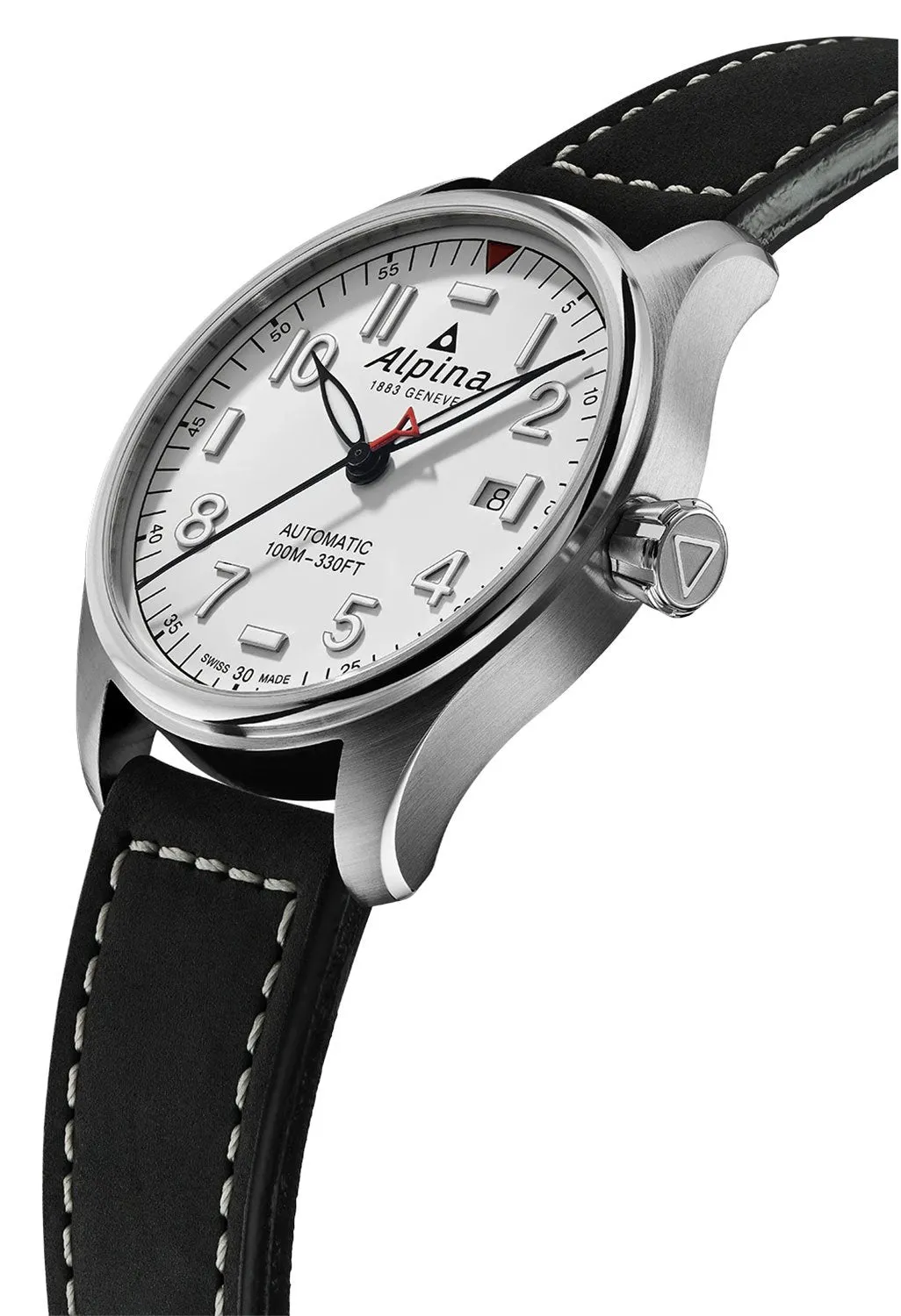 Alpina Startimer Pilot Automatic Stainless Steel Black Leather Strap White Dial Date Mens Watch AL-525S3S6