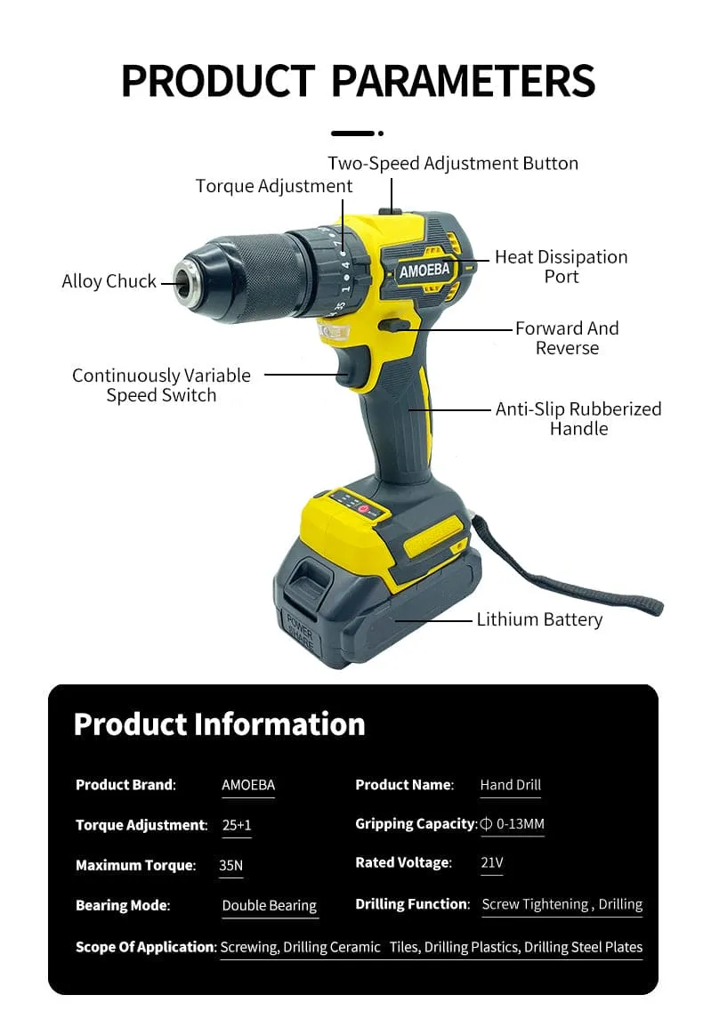 AMOEBA Brand Rechargeable Drill 21V Battery Drill 21V Charging Drill Machine- AMOEBA2