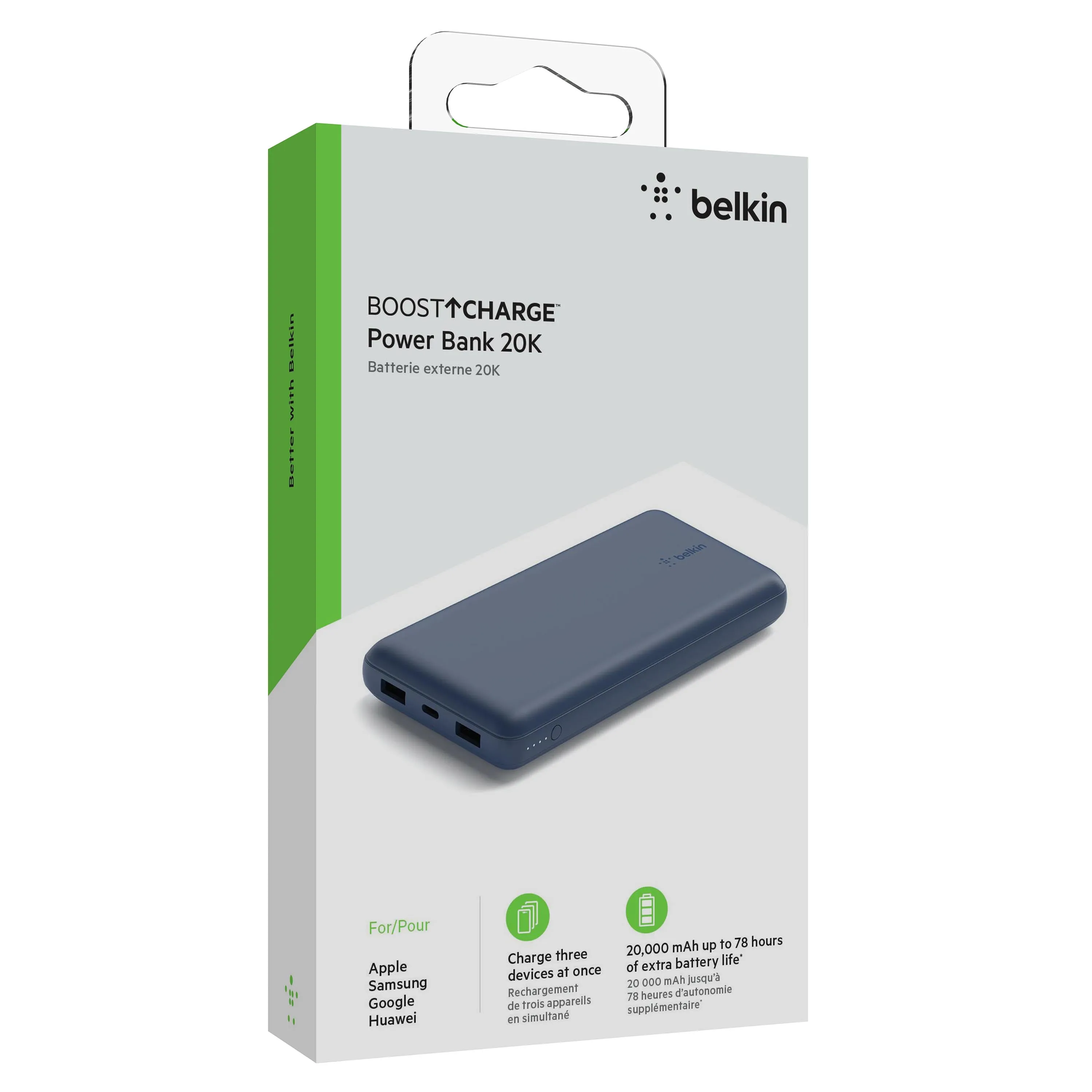 Batería externa 20K USB-A y USB-C de 15w de Belkin Azul