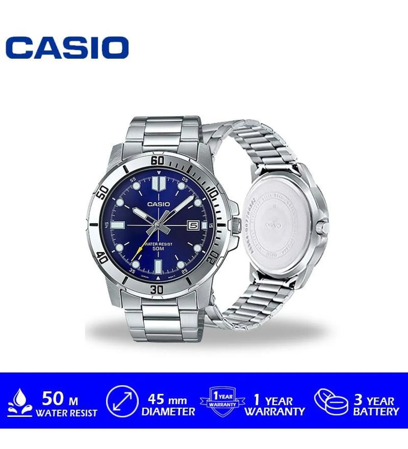 CASIO ENTICER STAINLESS STEEL BLUE DIAL MEN'S WATCH | MTP-VD01D-2EVUDF