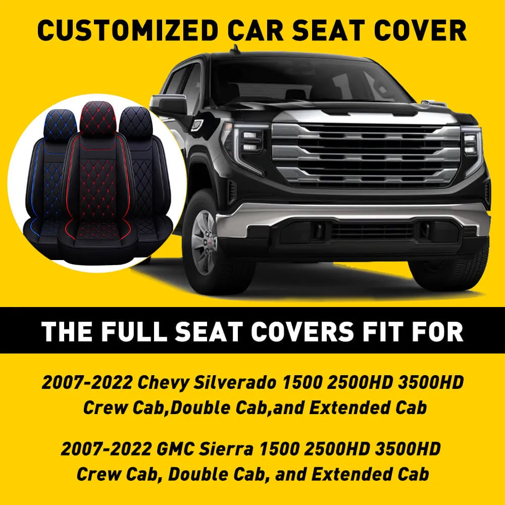 Full Set Leather Car Seat Cover 5 Pieces for 07-22 Silverado and Sierra 1500 2500HD 3500HD