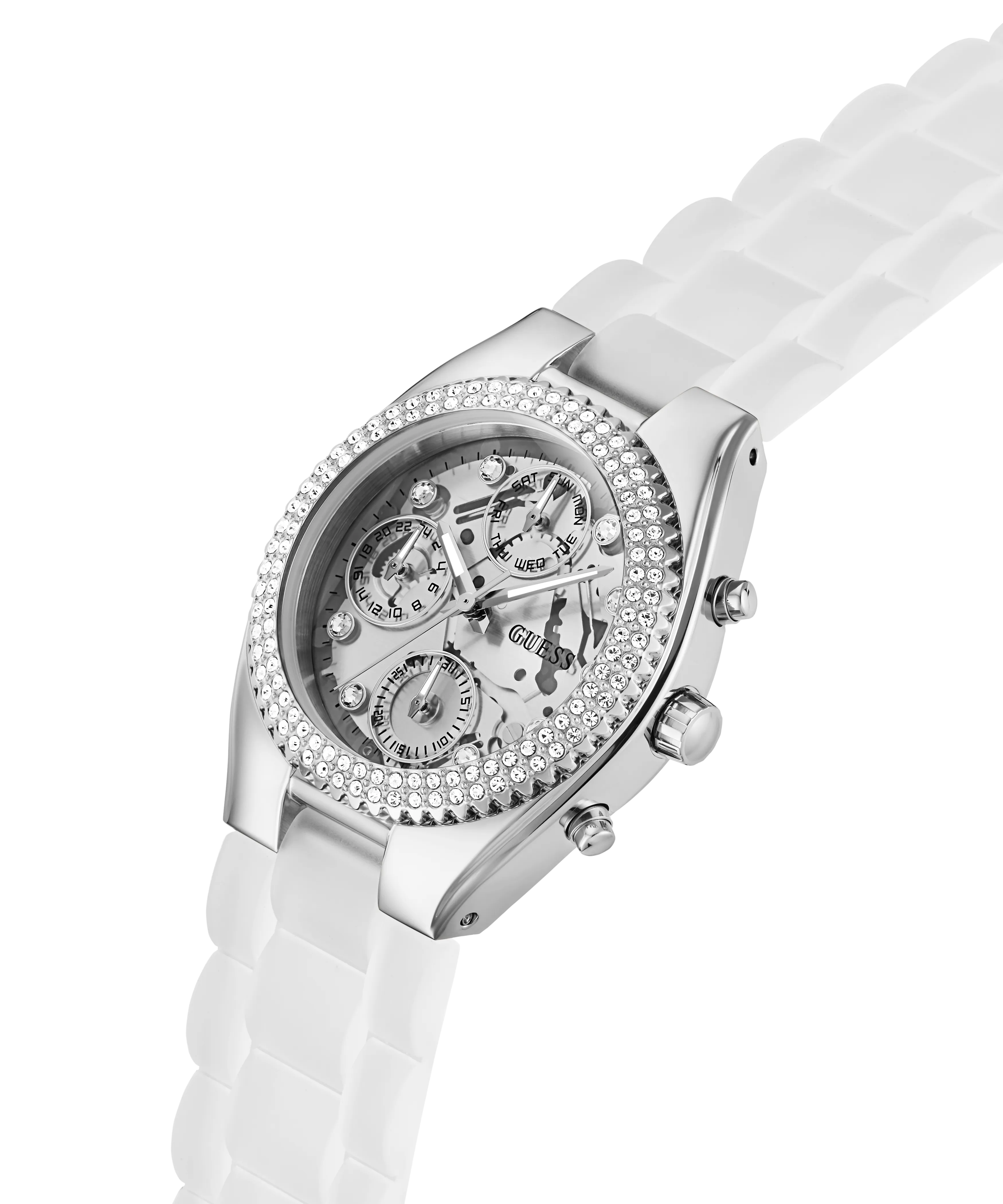 GUESS Ladies Clear Silver Tone Multi-function Watch