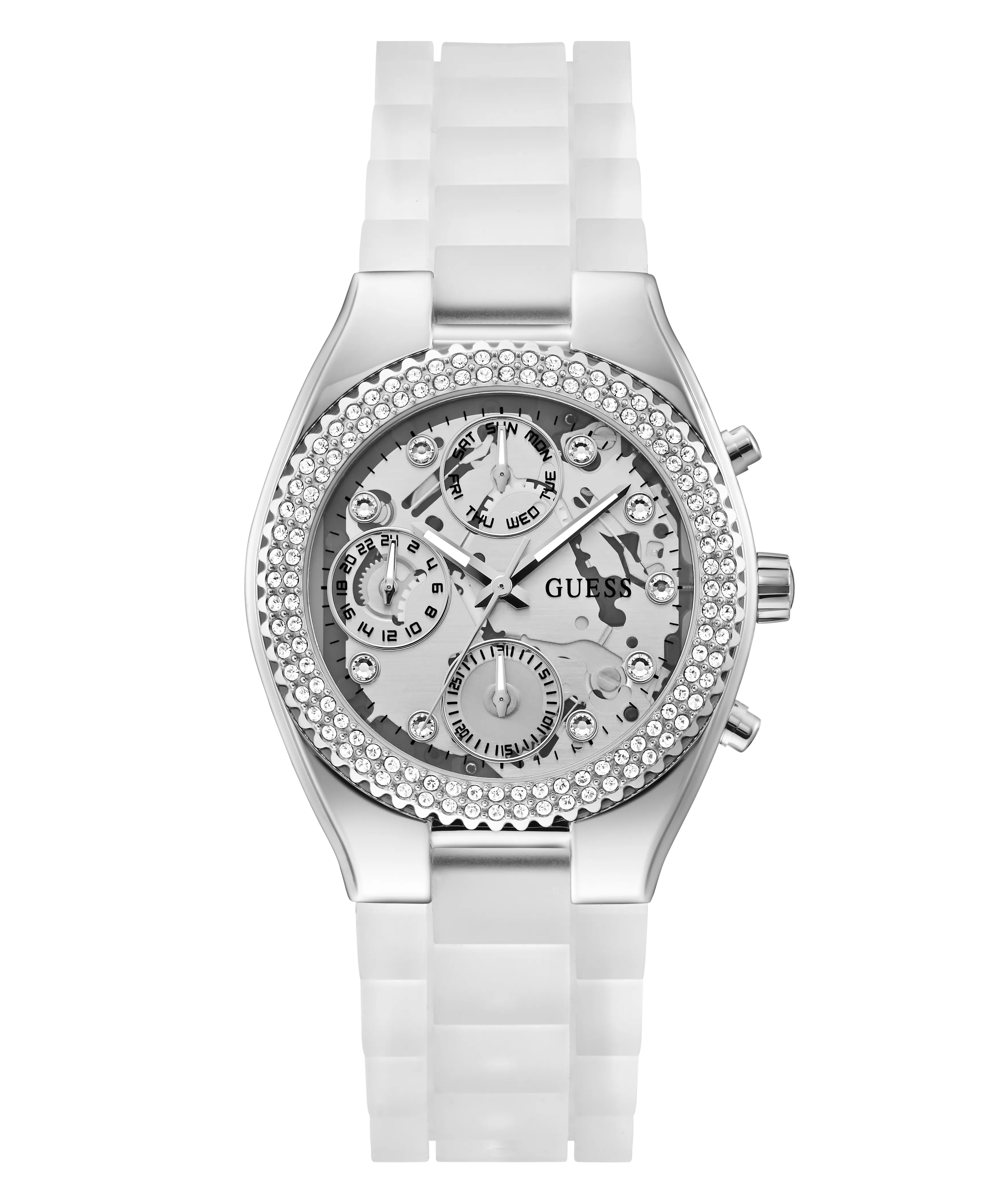 GUESS Ladies Clear Silver Tone Multi-function Watch