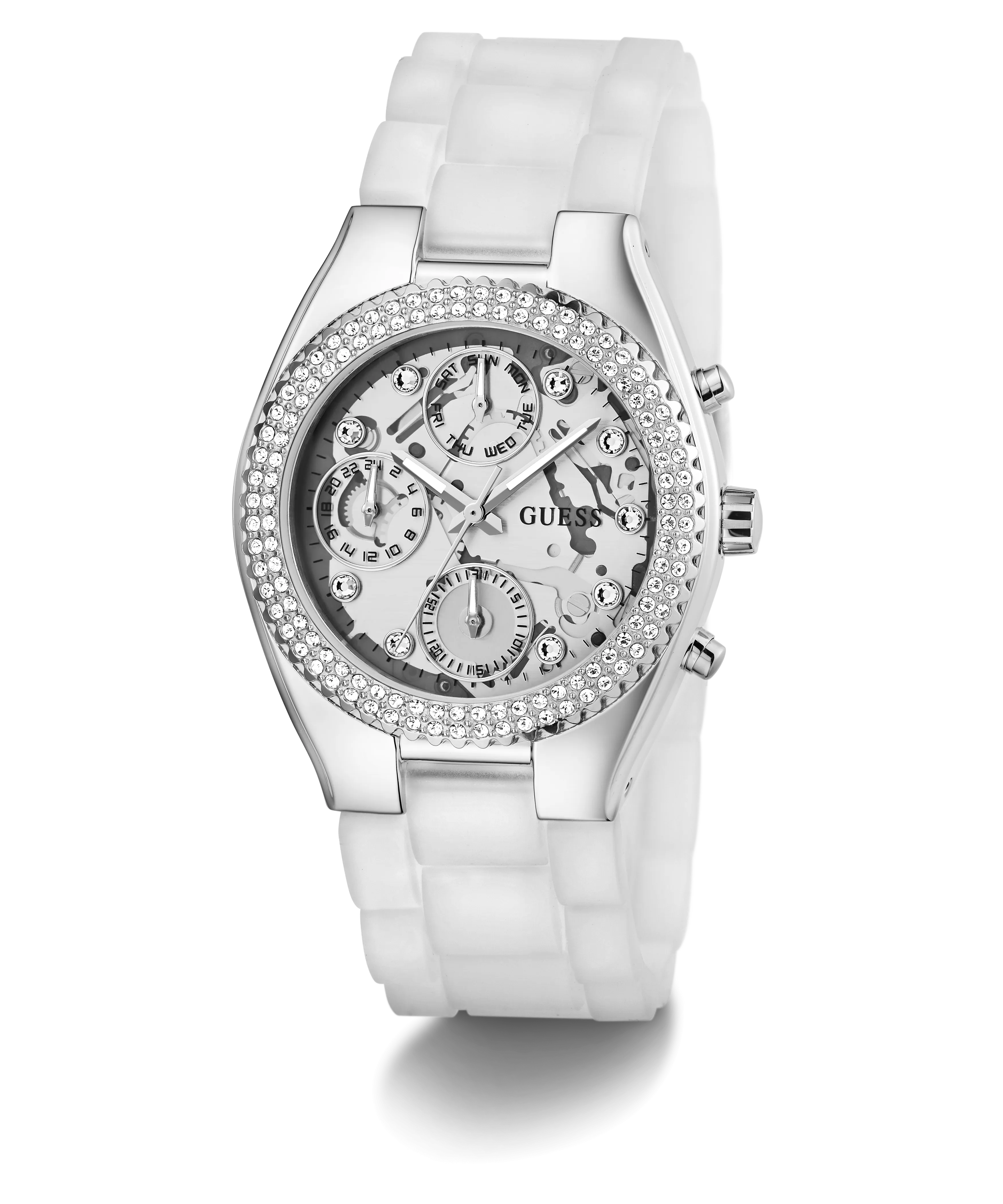 GUESS Ladies Clear Silver Tone Multi-function Watch