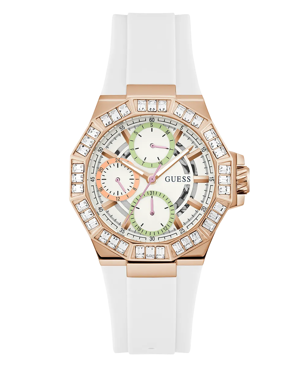 GUESS Ladies White Rose Gold Tone Multi-function Watch