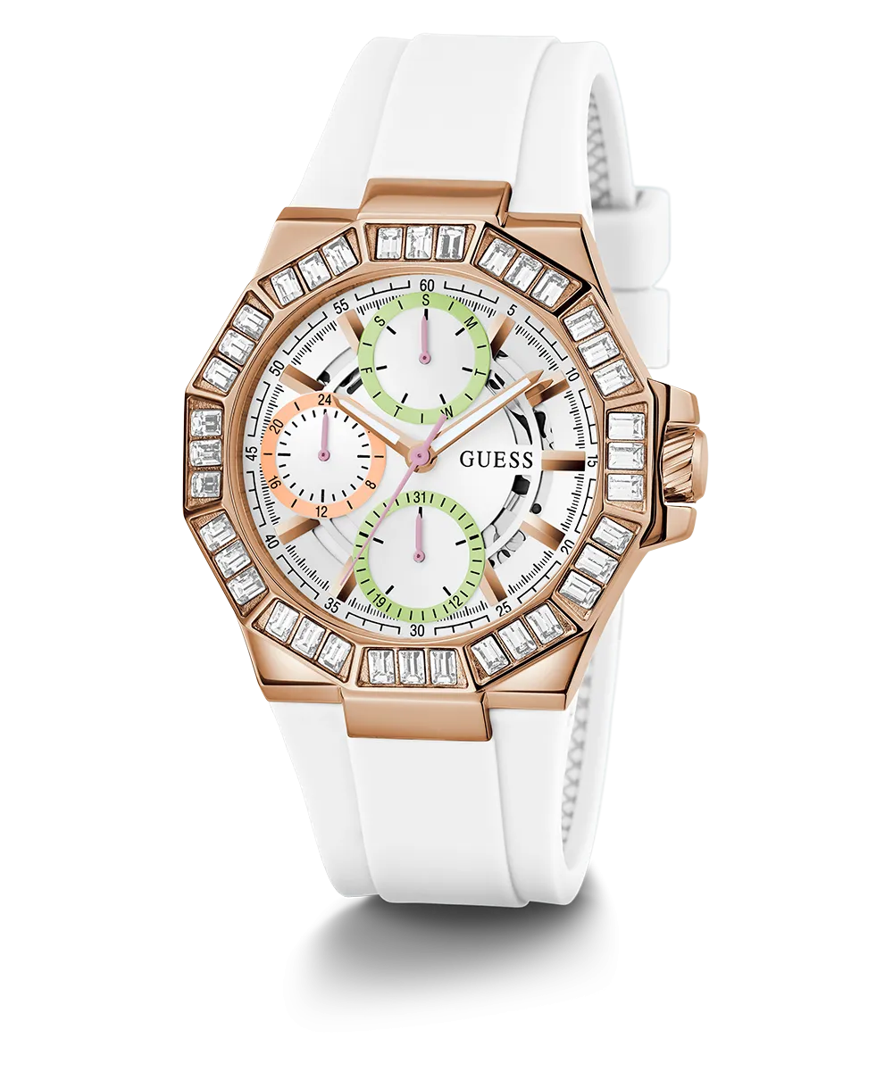 GUESS Ladies White Rose Gold Tone Multi-function Watch