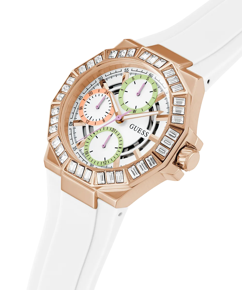 GUESS Ladies White Rose Gold Tone Multi-function Watch