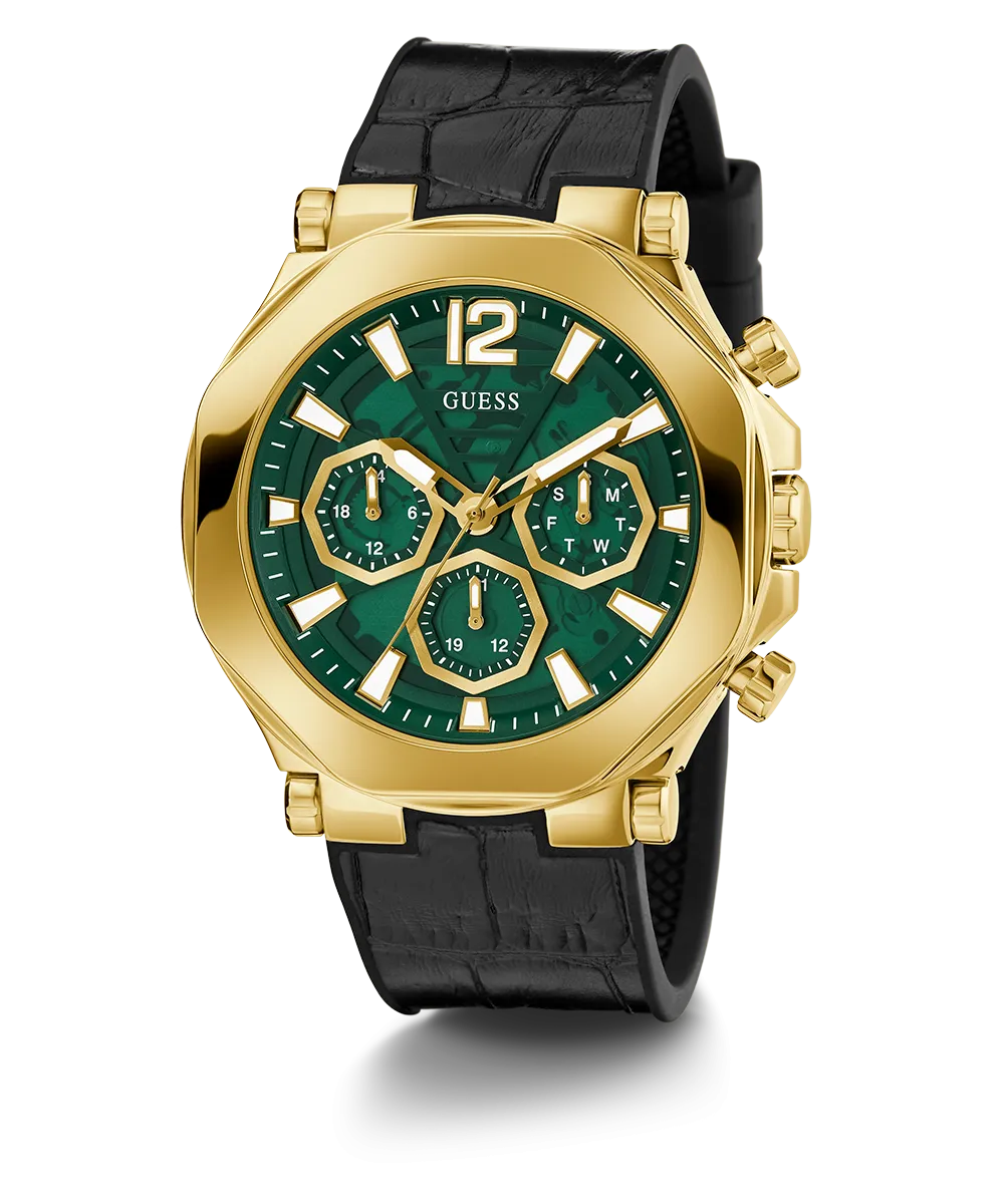 GUESS Mens Black Gold Tone Multi-function Watch