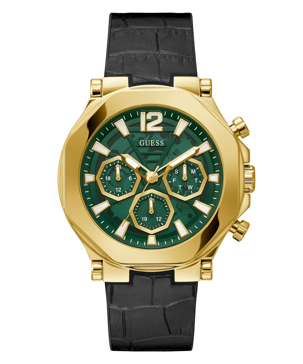 GUESS Mens Black Gold Tone Multi-function Watch