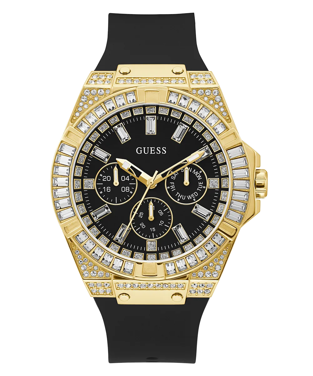 GUESS Mens Black Gold Tone Multi-function Watch