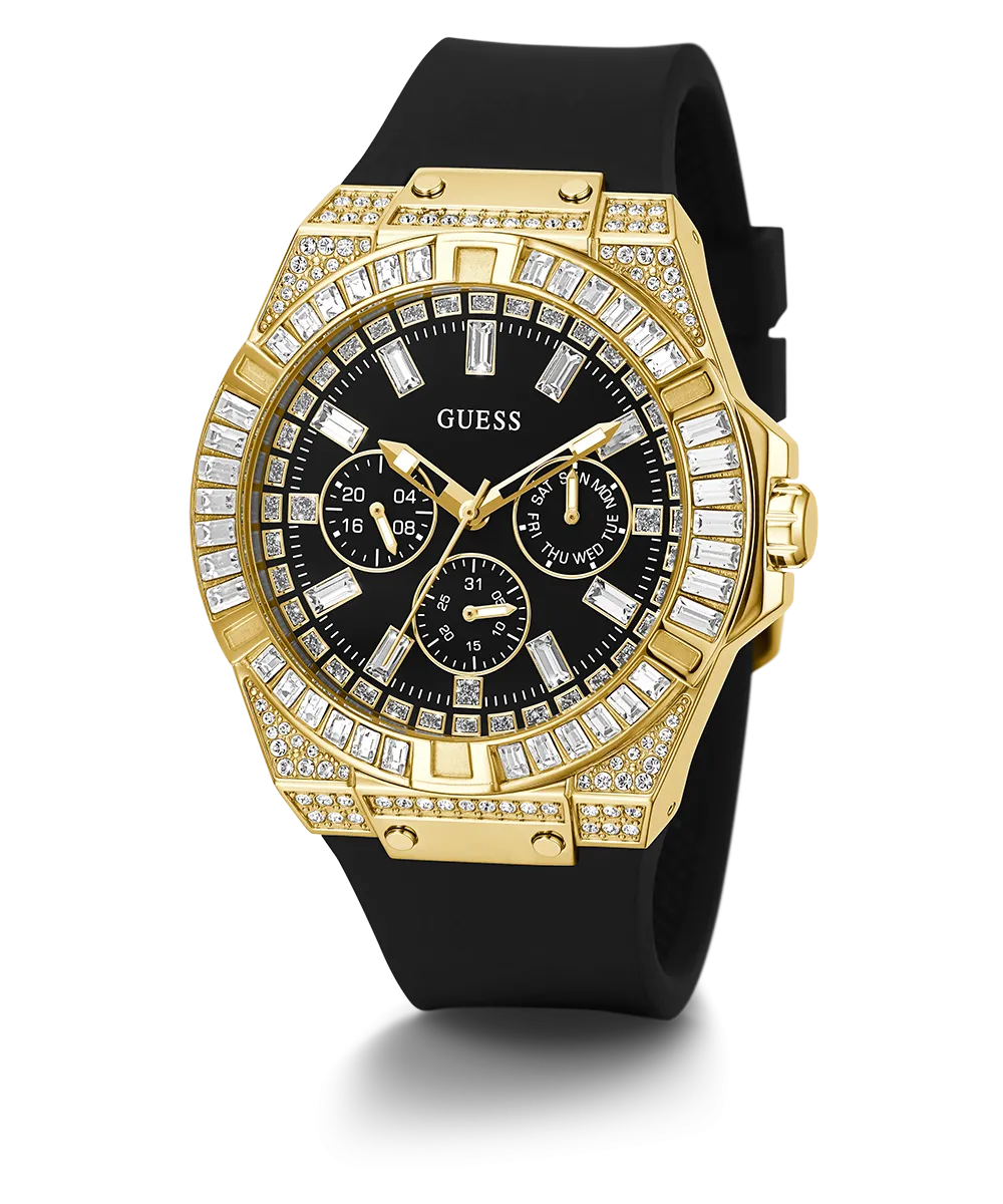 GUESS Mens Black Gold Tone Multi-function Watch