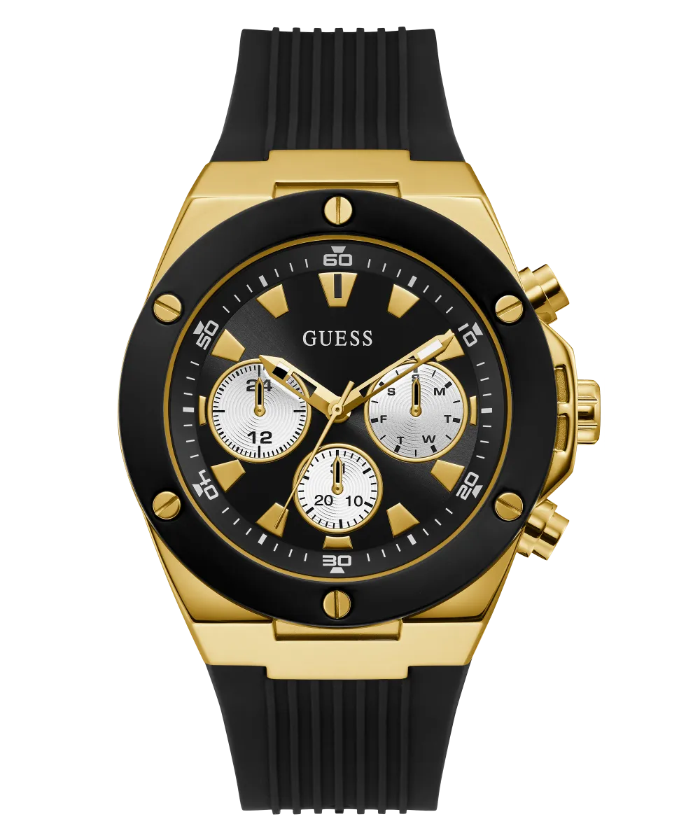 GUESS Mens Black Gold Tone Multi-function Watch