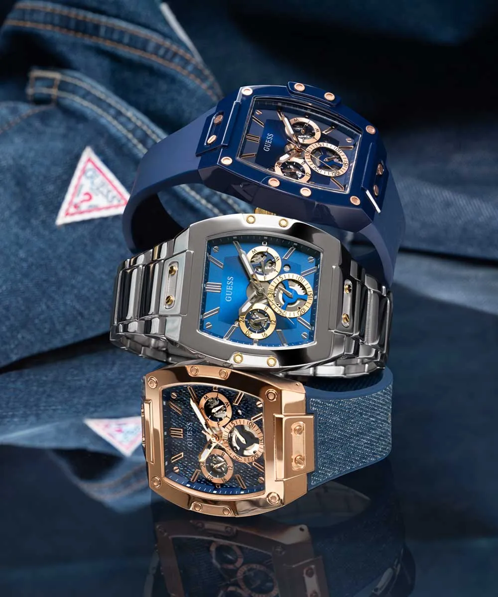 GUESS Mens Blue Rose Gold Tone Multi-function Watch