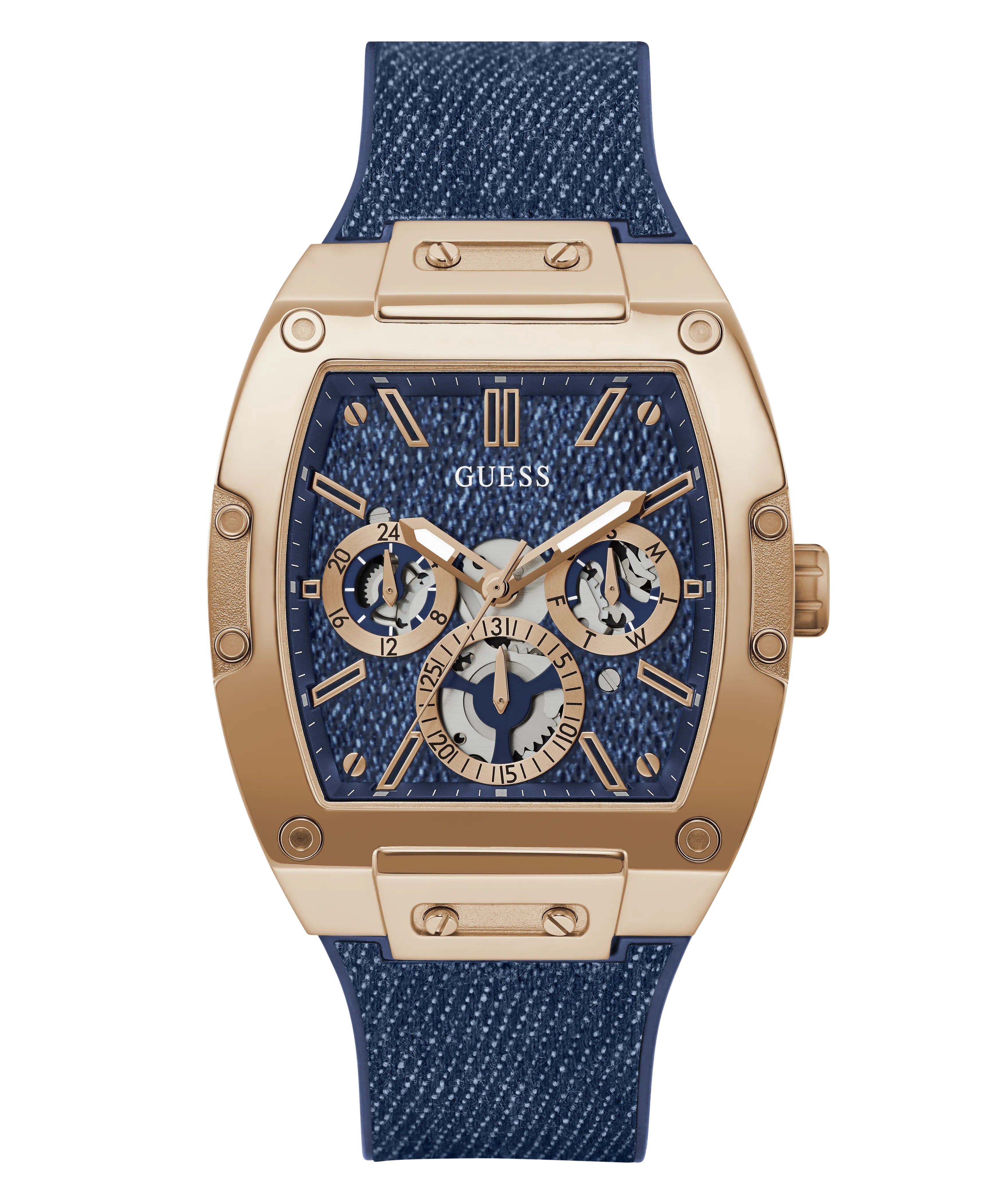 GUESS Mens Blue Rose Gold Tone Multi-function Watch