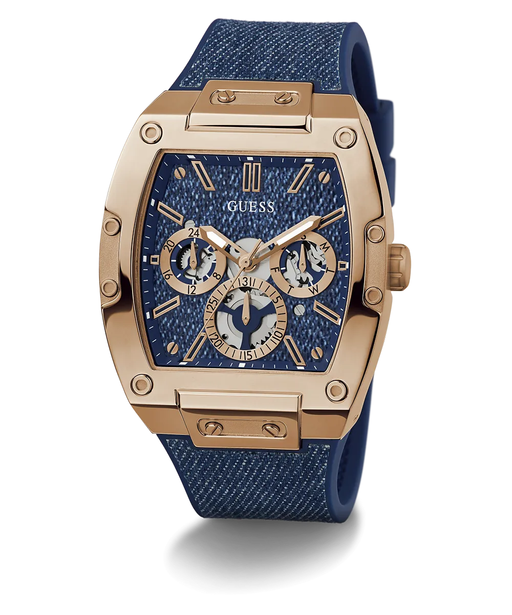 GUESS Mens Blue Rose Gold Tone Multi-function Watch