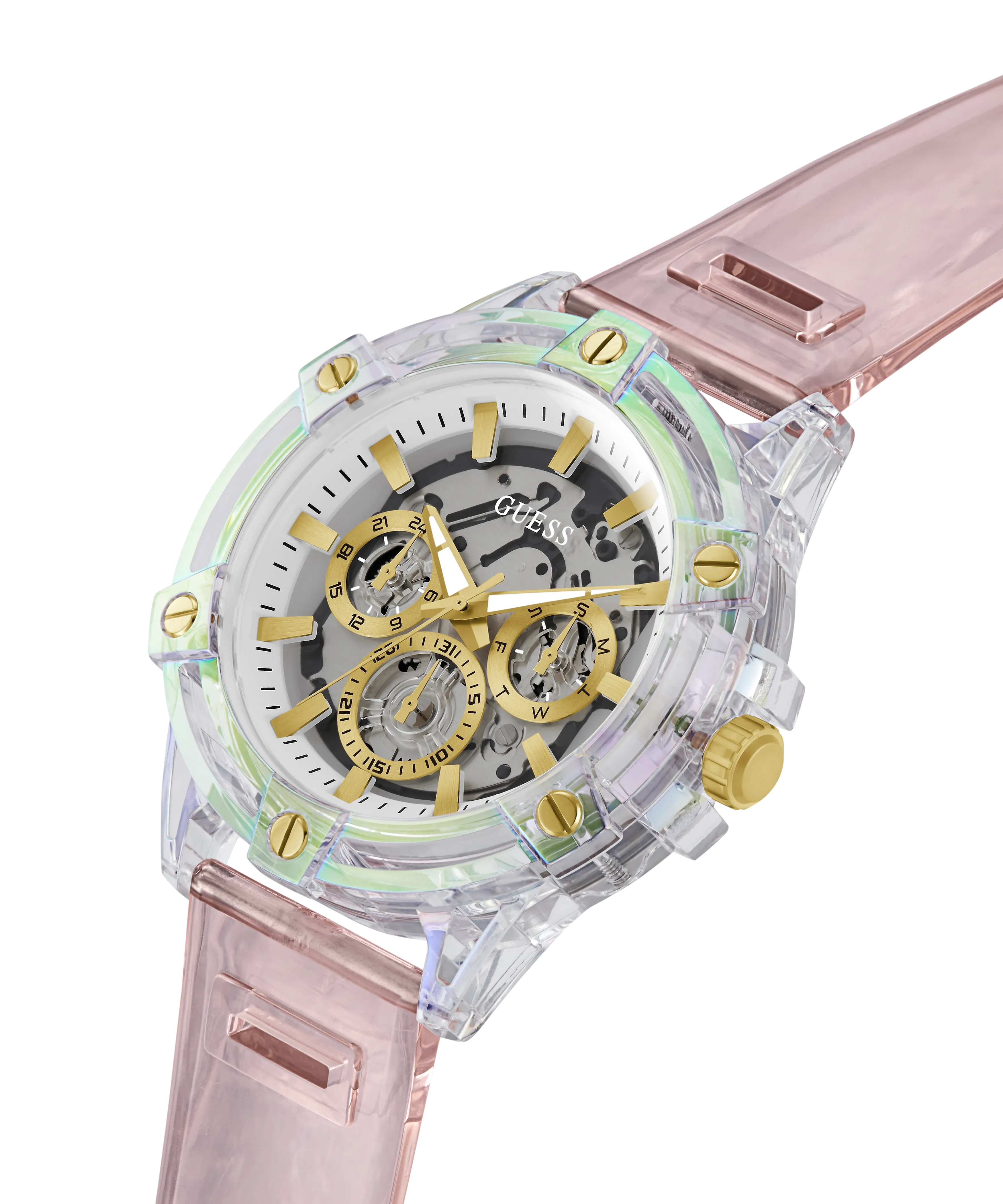 GUESS Mens Pink Clear Multi-function Watch