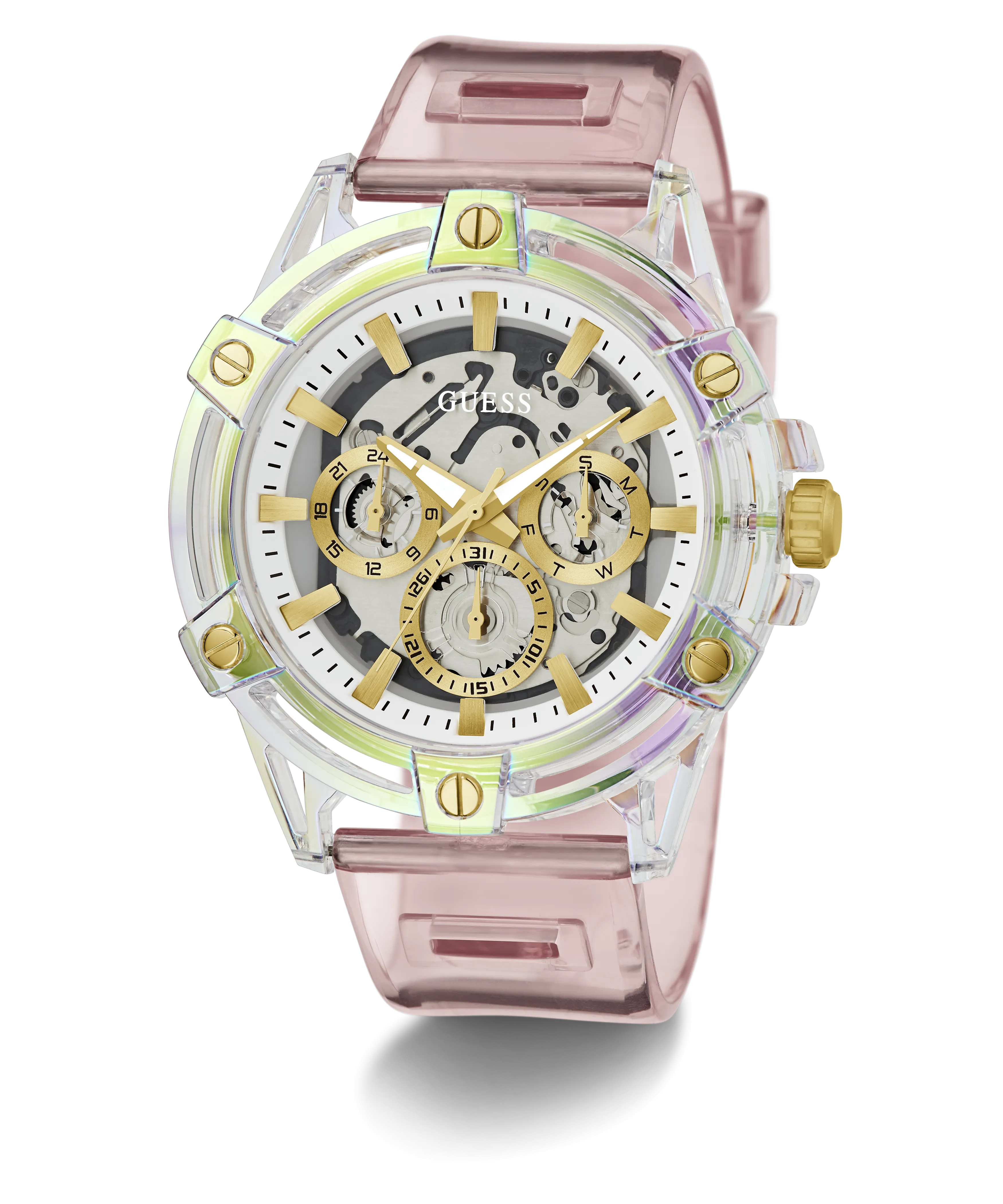 GUESS Mens Pink Clear Multi-function Watch