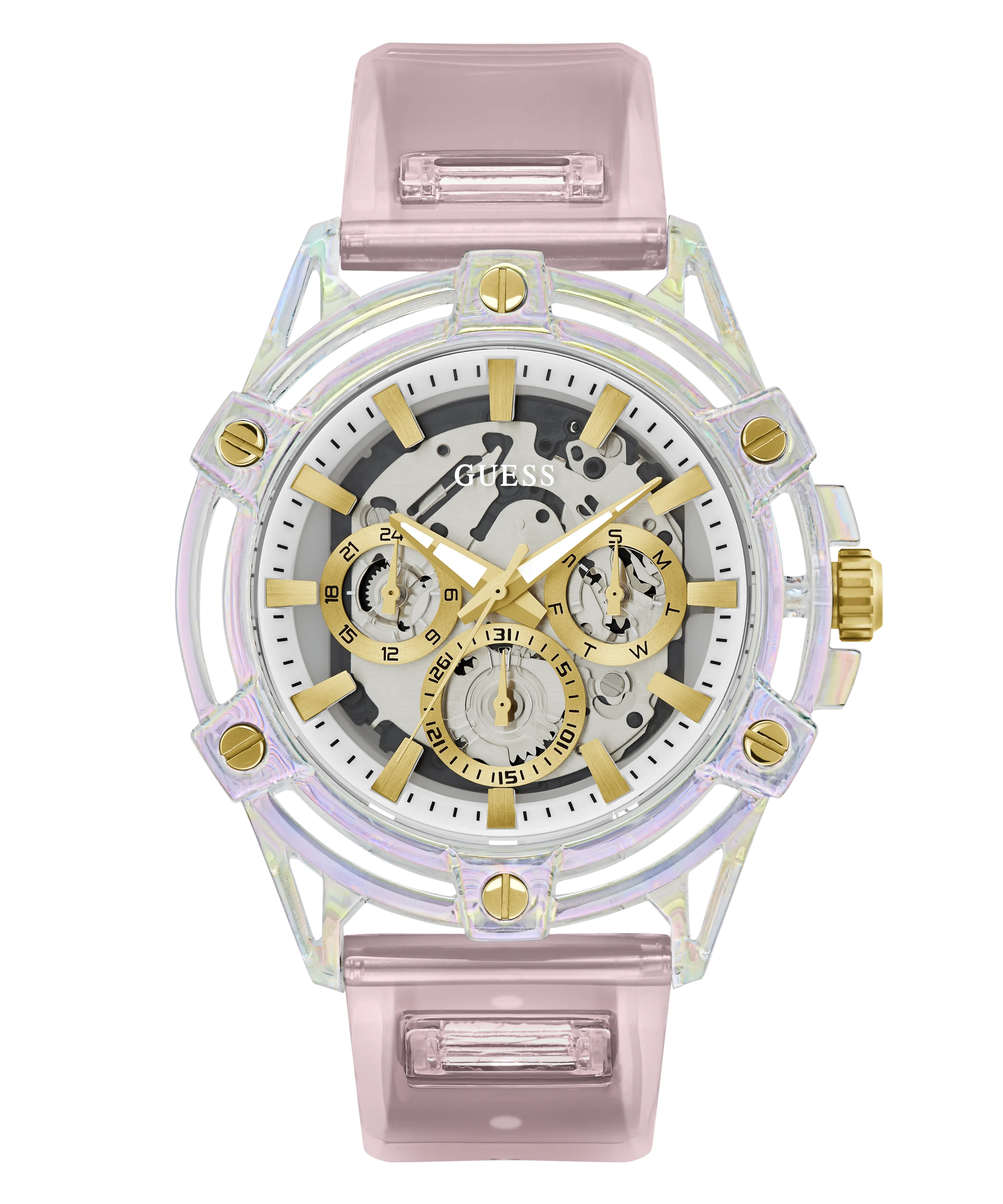 GUESS Mens Pink Clear Multi-function Watch