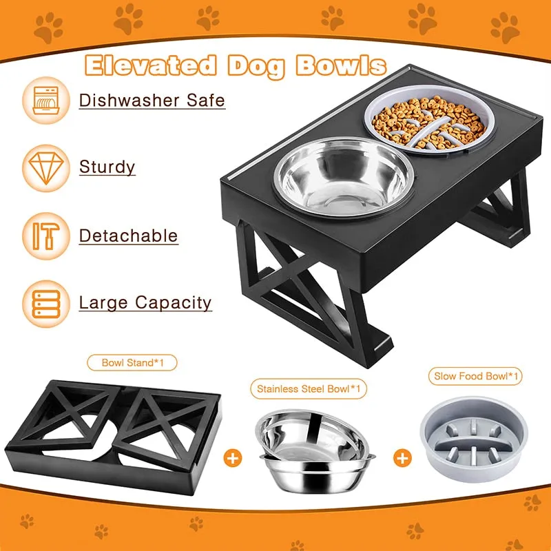 Kimpets Dogs Double Bowls Stand 3 Adjustable Height Pet Slow Feeding Dish Bowl Medium Big Dog Elevated Food Water Feeders Table