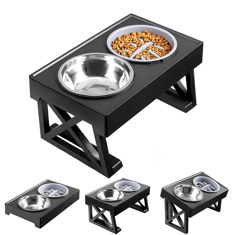 Kimpets Dogs Double Bowls Stand 3 Adjustable Height Pet Slow Feeding Dish Bowl Medium Big Dog Elevated Food Water Feeders Table