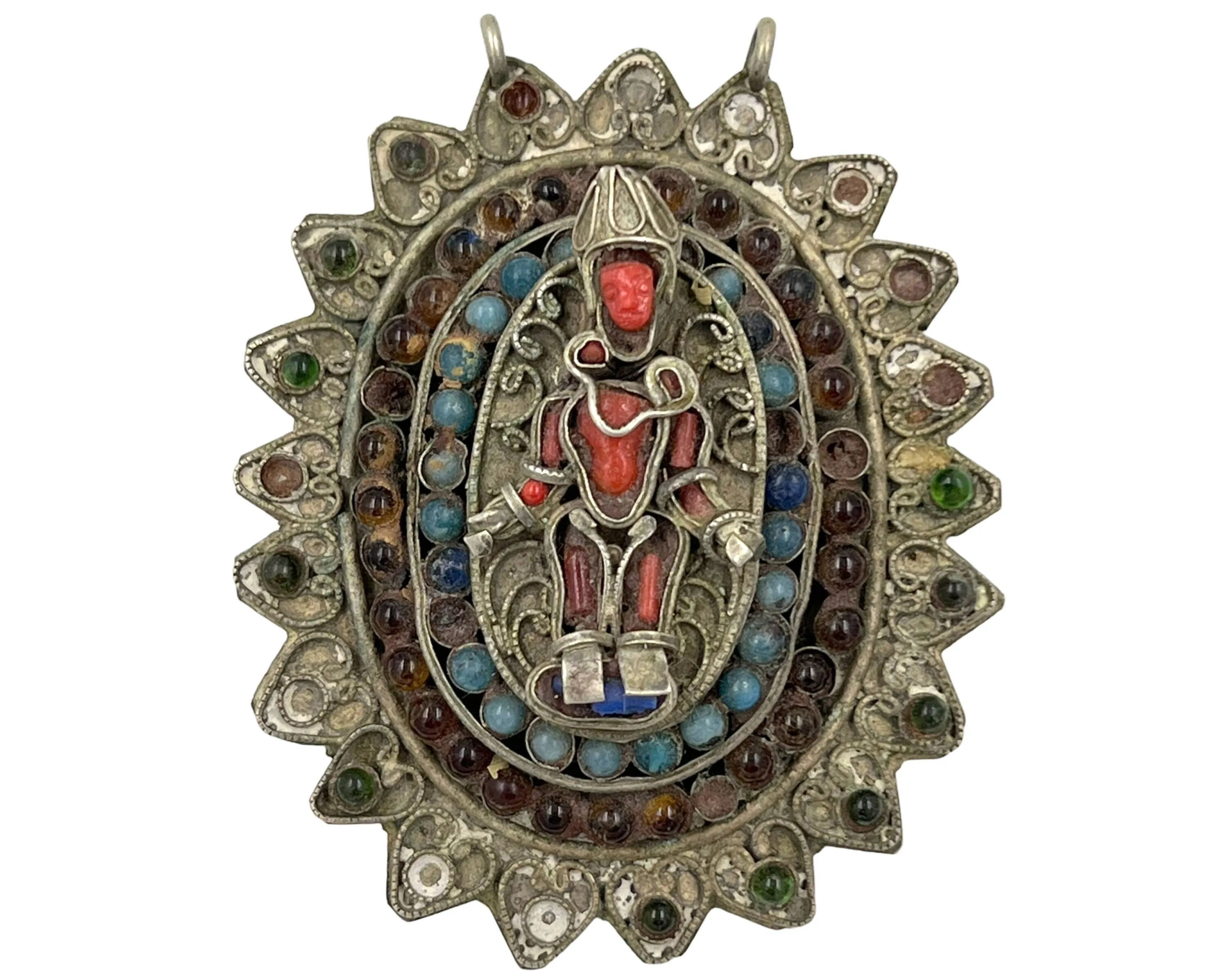 Large Antique Nepalese Tibetan Pendant Lord Vishnu Inlaid Coral & Turquoise VFG