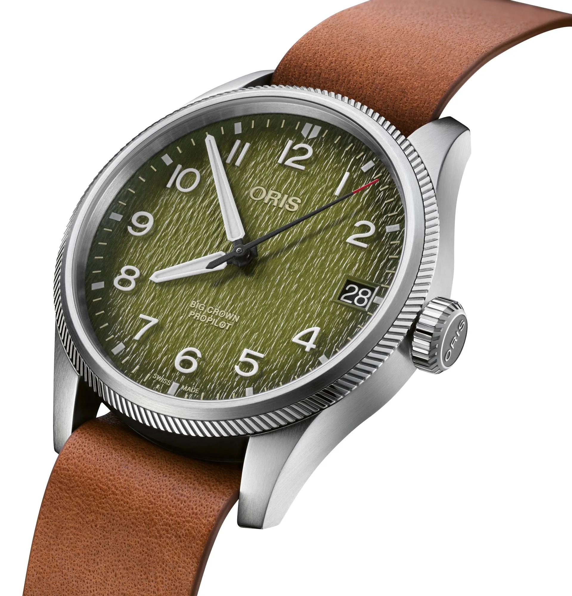 Limited Edition Oris ProPilot Okavango Air Rescue Automatic Green Dial Green Textile Interchangeable Brown Leather Strap Date Mens Watch 751 7761 4187-Set