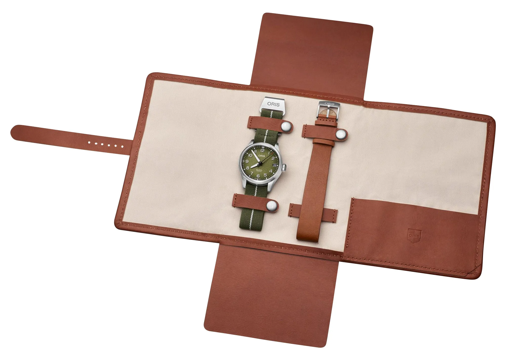 Limited Edition Oris ProPilot Okavango Air Rescue Automatic Green Dial Green Textile Interchangeable Brown Leather Strap Date Mens Watch 751 7761 4187-Set