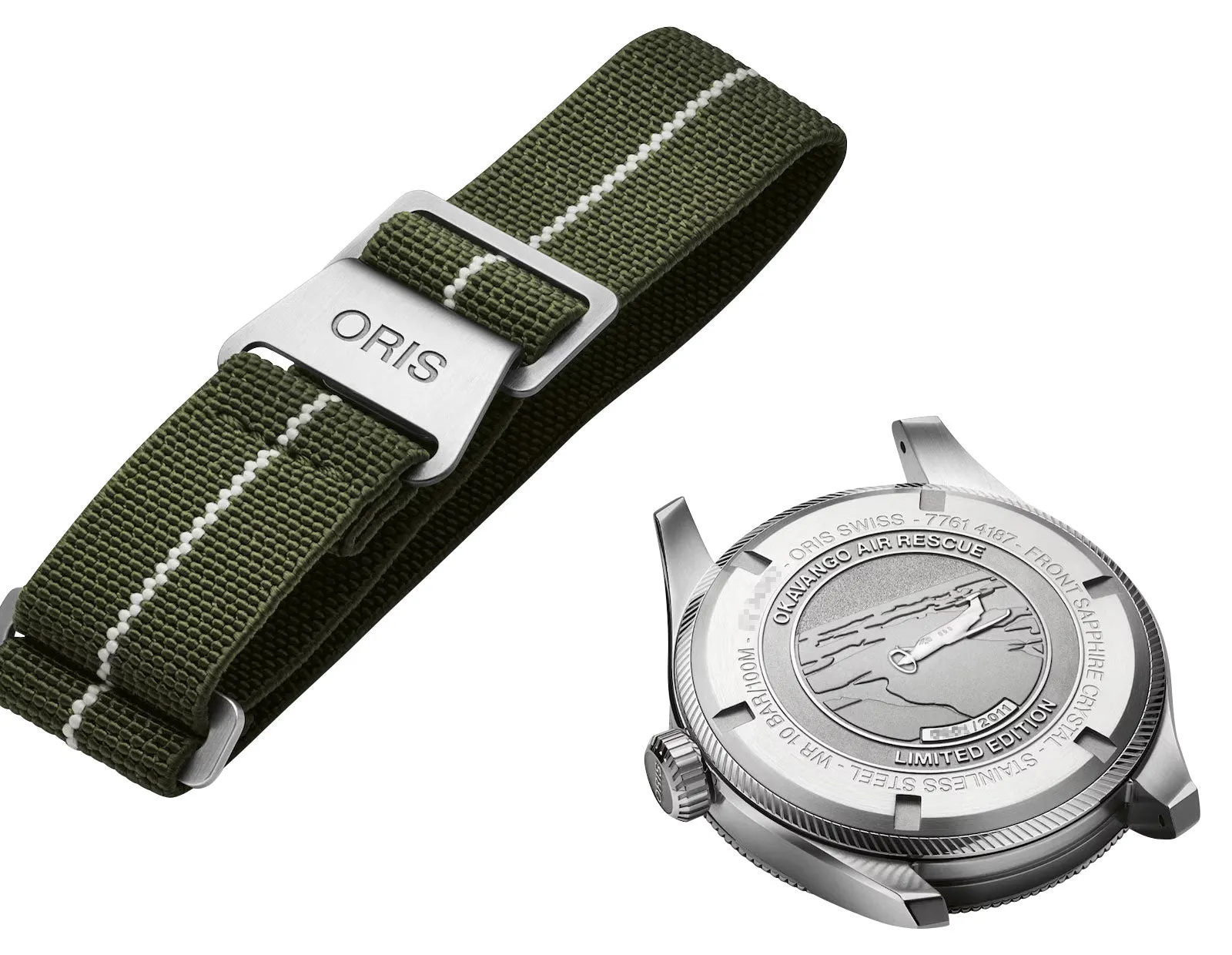 Limited Edition Oris ProPilot Okavango Air Rescue Automatic Green Dial Green Textile Interchangeable Brown Leather Strap Date Mens Watch 751 7761 4187-Set