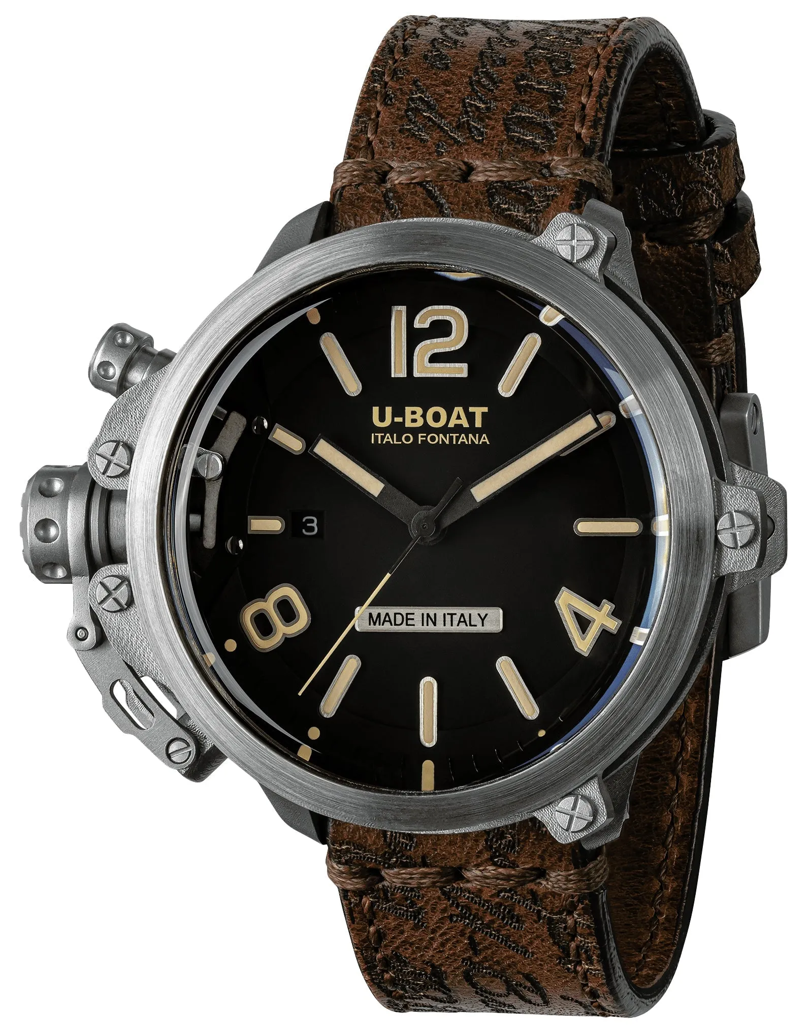 Limited Edition U-Boat Capsule Automatic Stainless Steel Black Dial Brown Leather Strap Date Mens Watch 8807