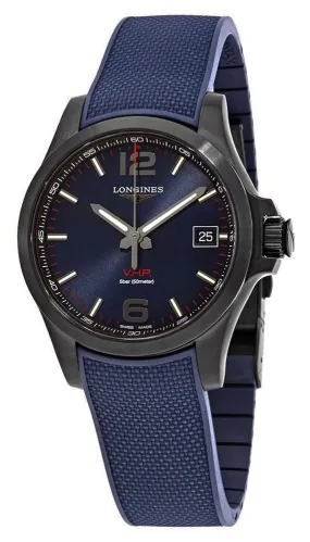 Longines Conquest V.H.P. Black PVD Blue Rubber Strap Blue Dial Perpetual Calendar Date Quartz Mens Watch L3.716.2.96.9