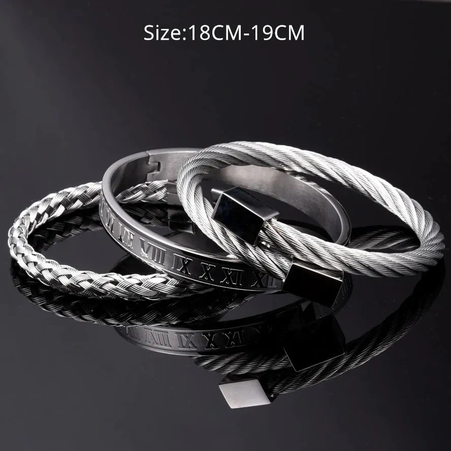 Luxury Roman Number Charm Woven Stainless Steel Men Bracelet Set