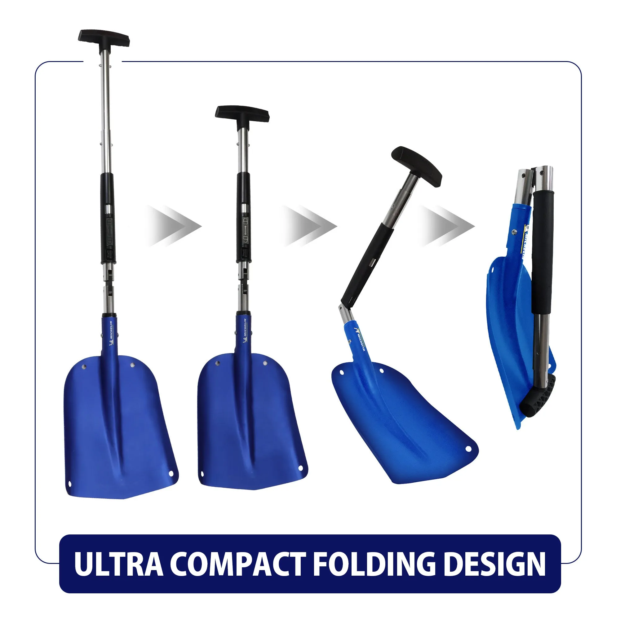 Michelin Ultra Compact 40" Folding Utility Snow Shovel for Car Emergency, Blue, Telescoping Handle, Collapsible, Lightweight, Winter Survival Gear, for SUV, Truck, Snowmobile, Camping, Skiing, Pack of 4